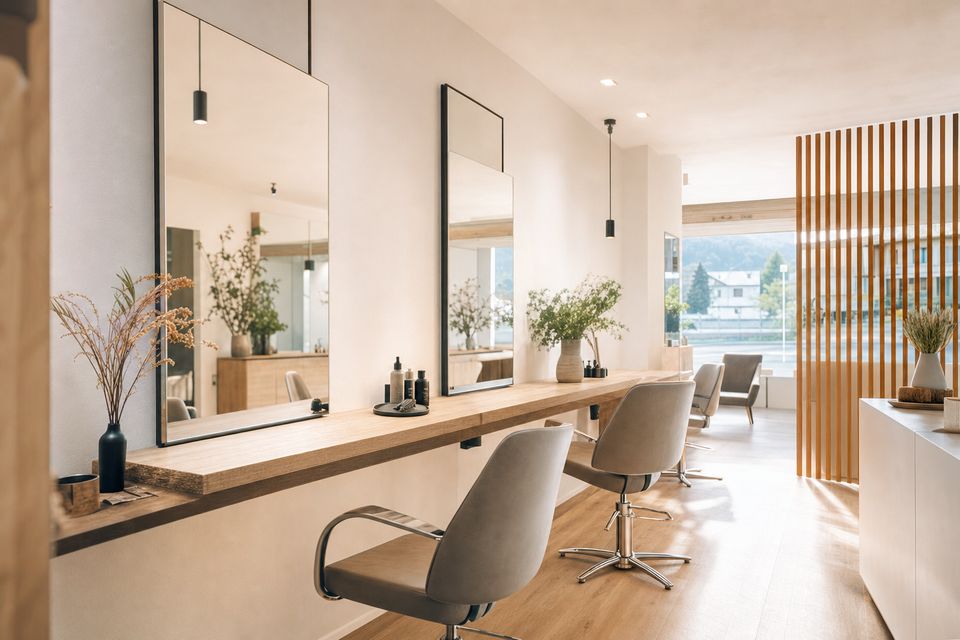 the room seen from a different angle, detail of the working area, chairs and mirrors, no people